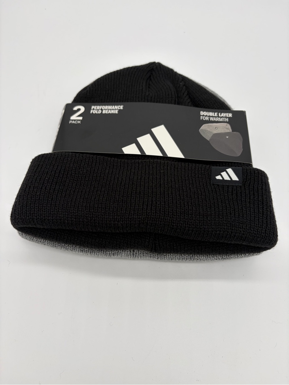 NWT adidas Performance Fold Beanie 2-Pack Black & Gray Double Layer